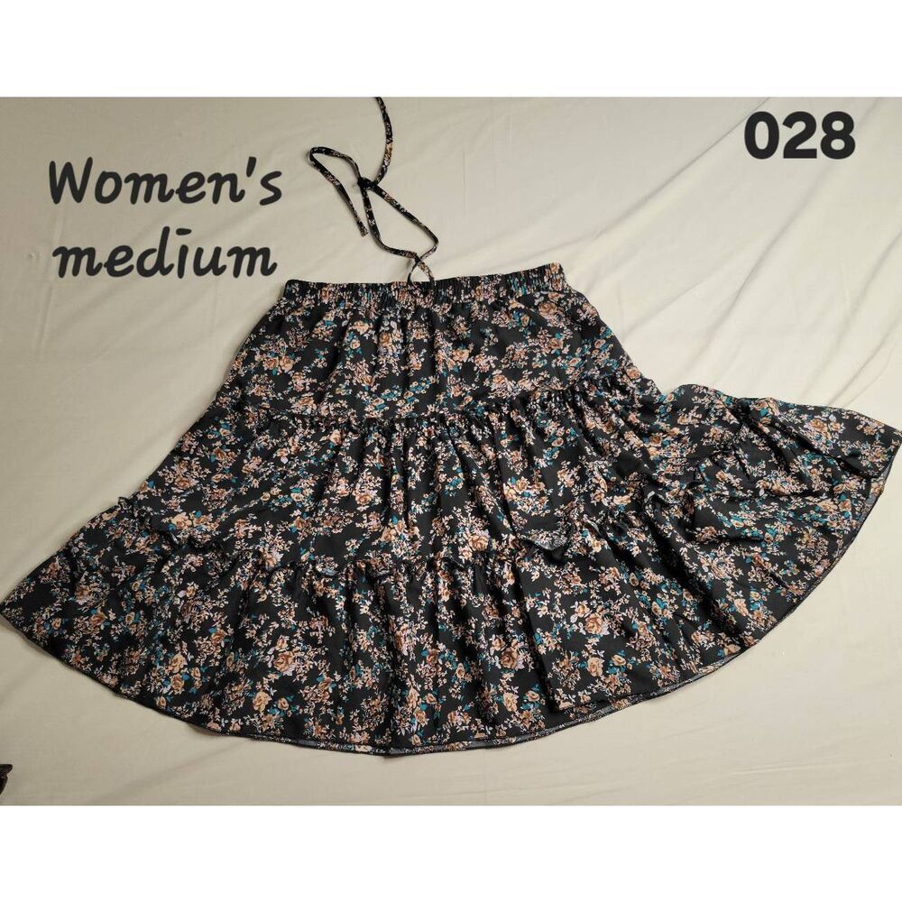 Boho cottage core floral country skirt flowers black gypsy medium women's clothi